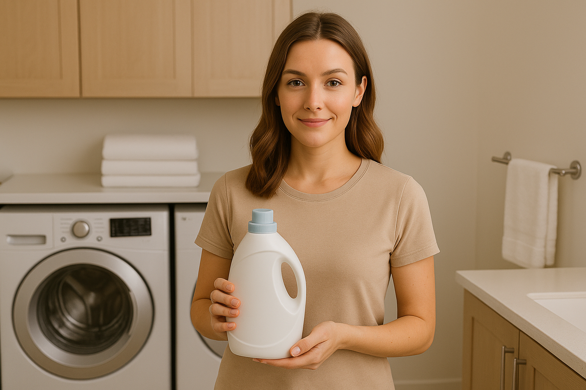 An image of a woman holding up fabric softener wondering Should You Use Fabric Softener On Sheets?