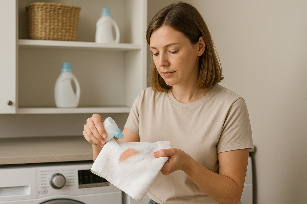 An image of a woman getting makeup stains out of white towels