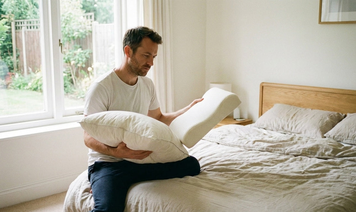 A man holding two pillows and comparing them.