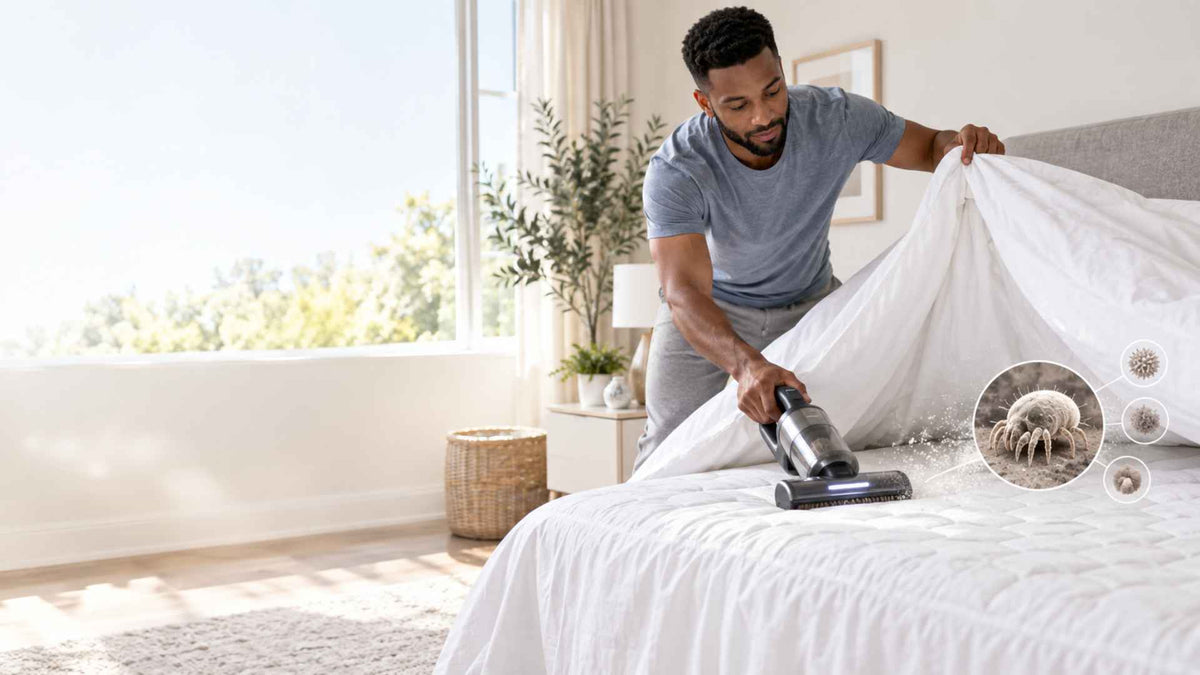 A black man vacuuming the bed for dust mites.