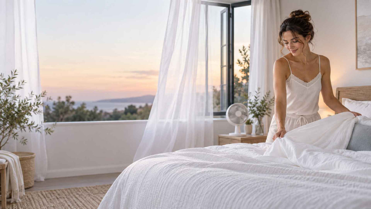 A woman fixing the bed sheet.