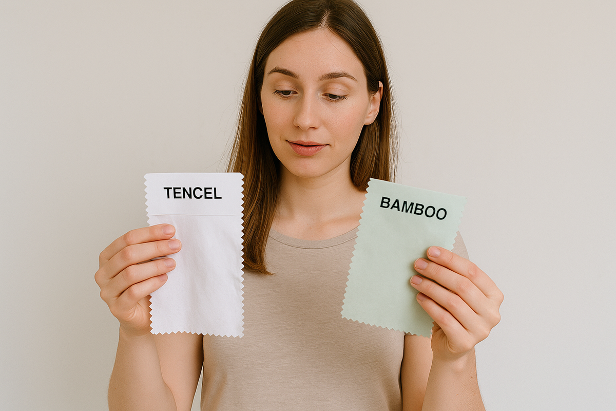 A woman holding a tencel and a bamboo fabric.