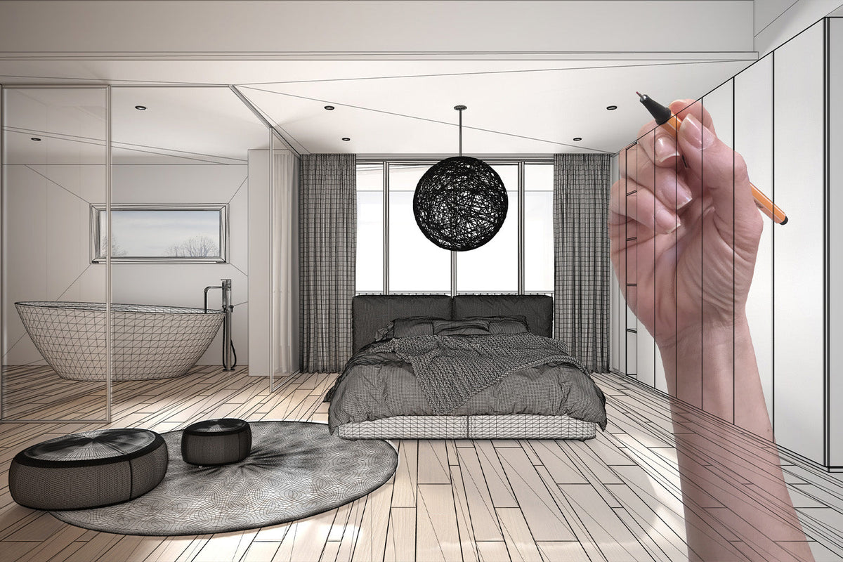 Bedroom interior design concept with modern bed and architectural sketch overlay