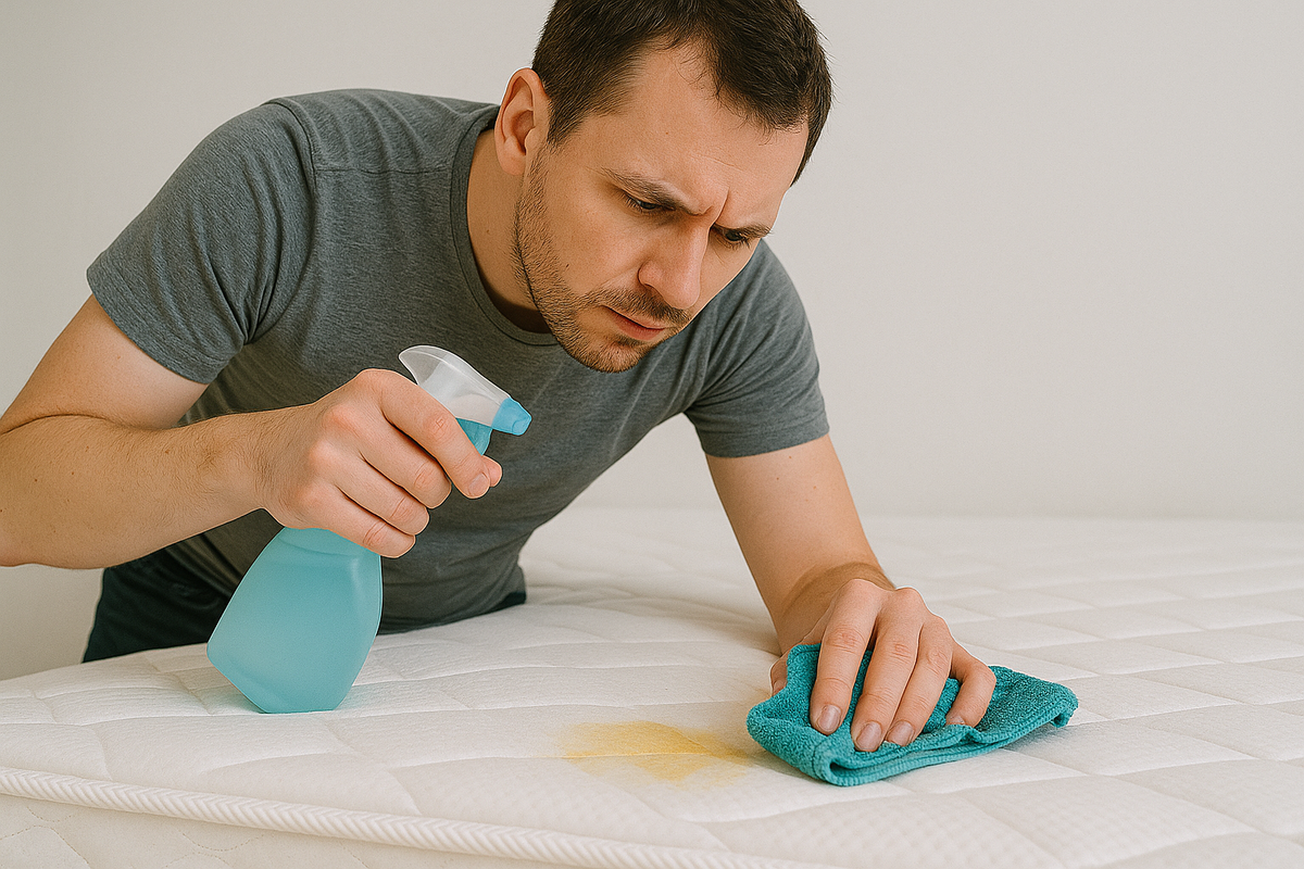A man using a spray bottle and a piece of cloth to clean the mattress