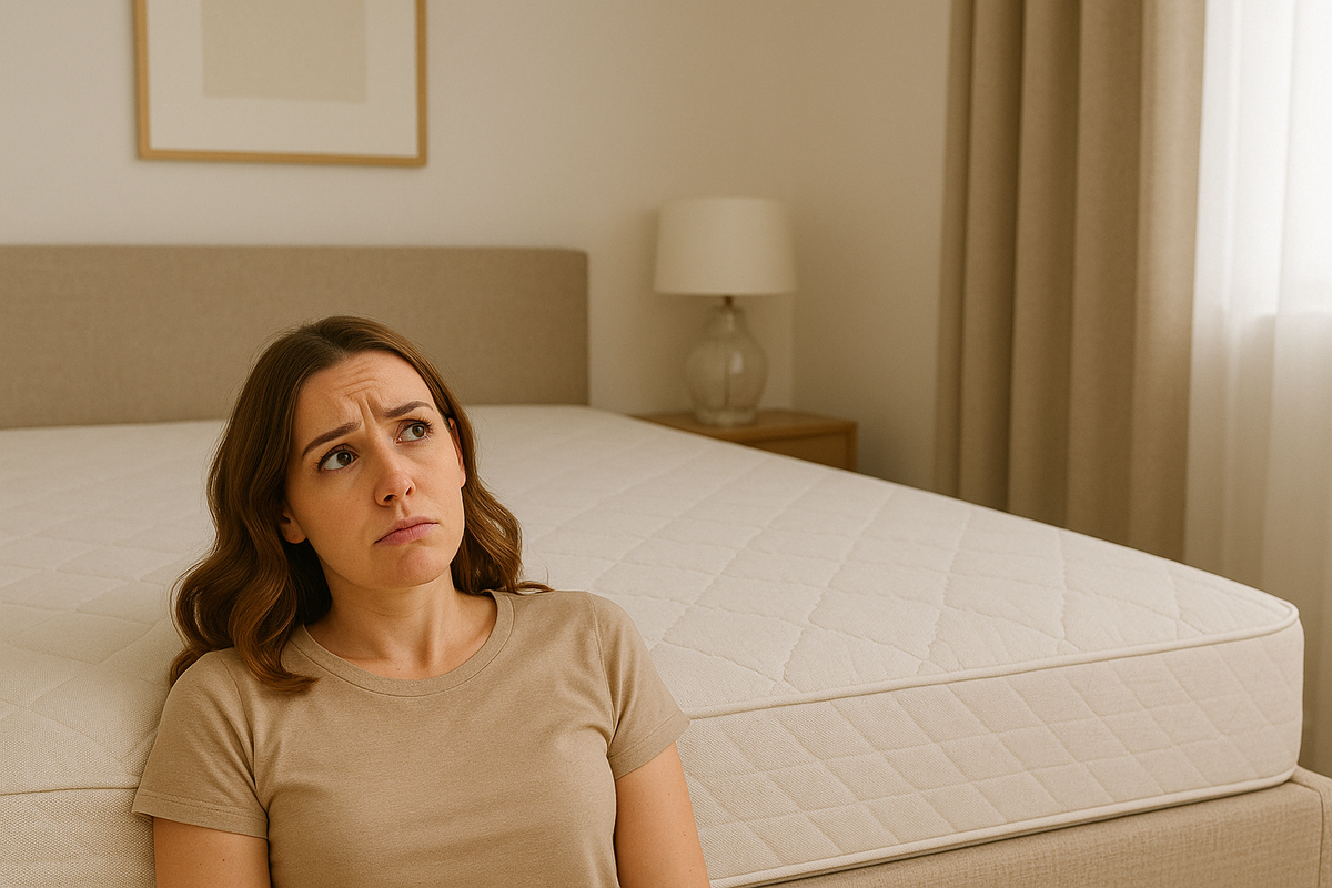 An image of a woman sitting by the bed wondering Is It Bad To Sleep On A Mattress Without Sheets?