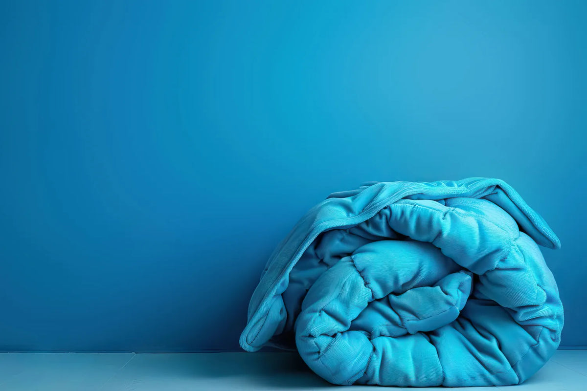 Folded blue blanket placed against a matching blue background.