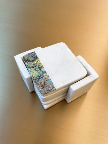 Rainbow Mother of Pearl White Marble Coasters with Holder (set of 4)