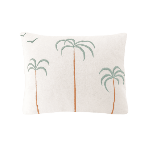 Palm Tree + Birds Embroidered Cotton Pillow