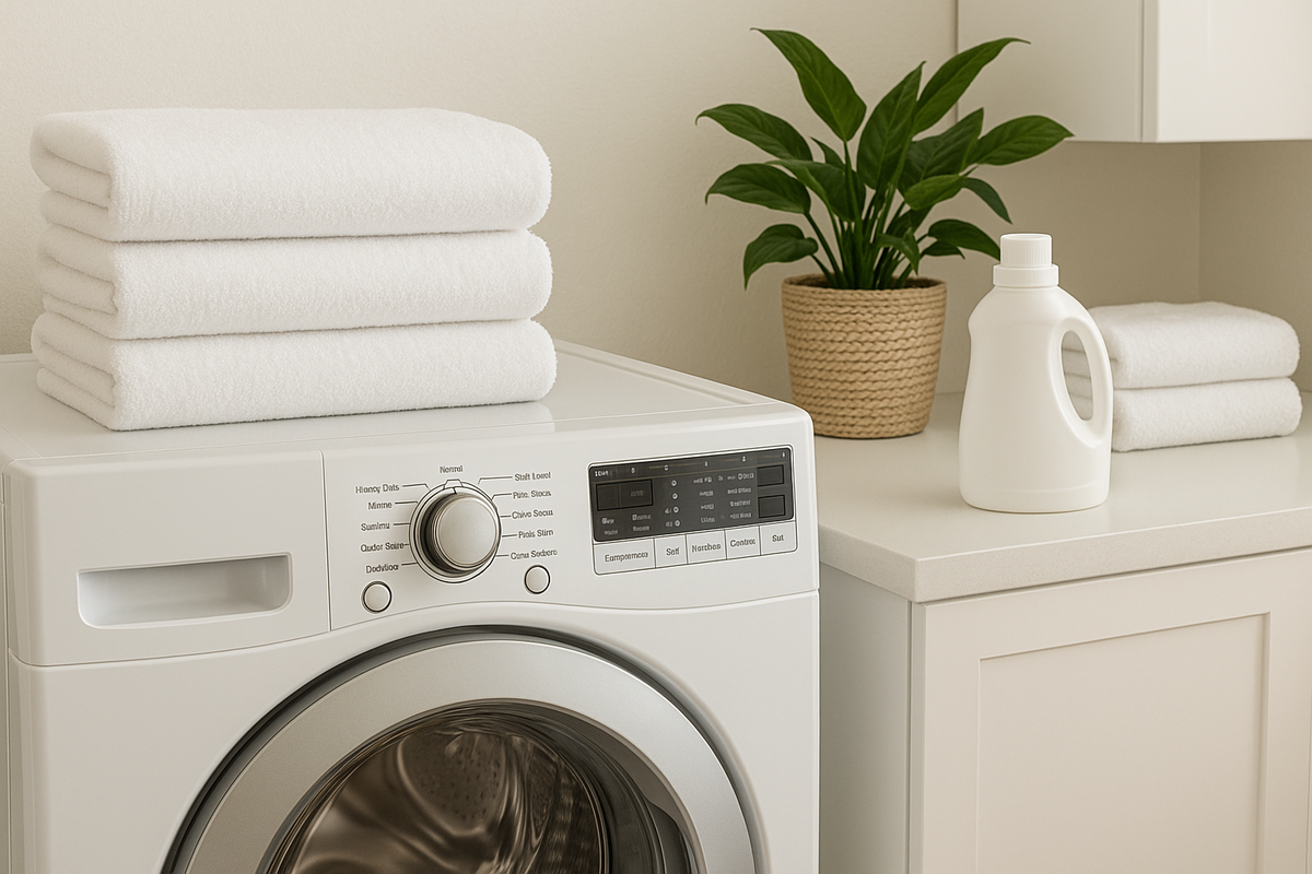 An image of a washing machines with towels and laundry detergent