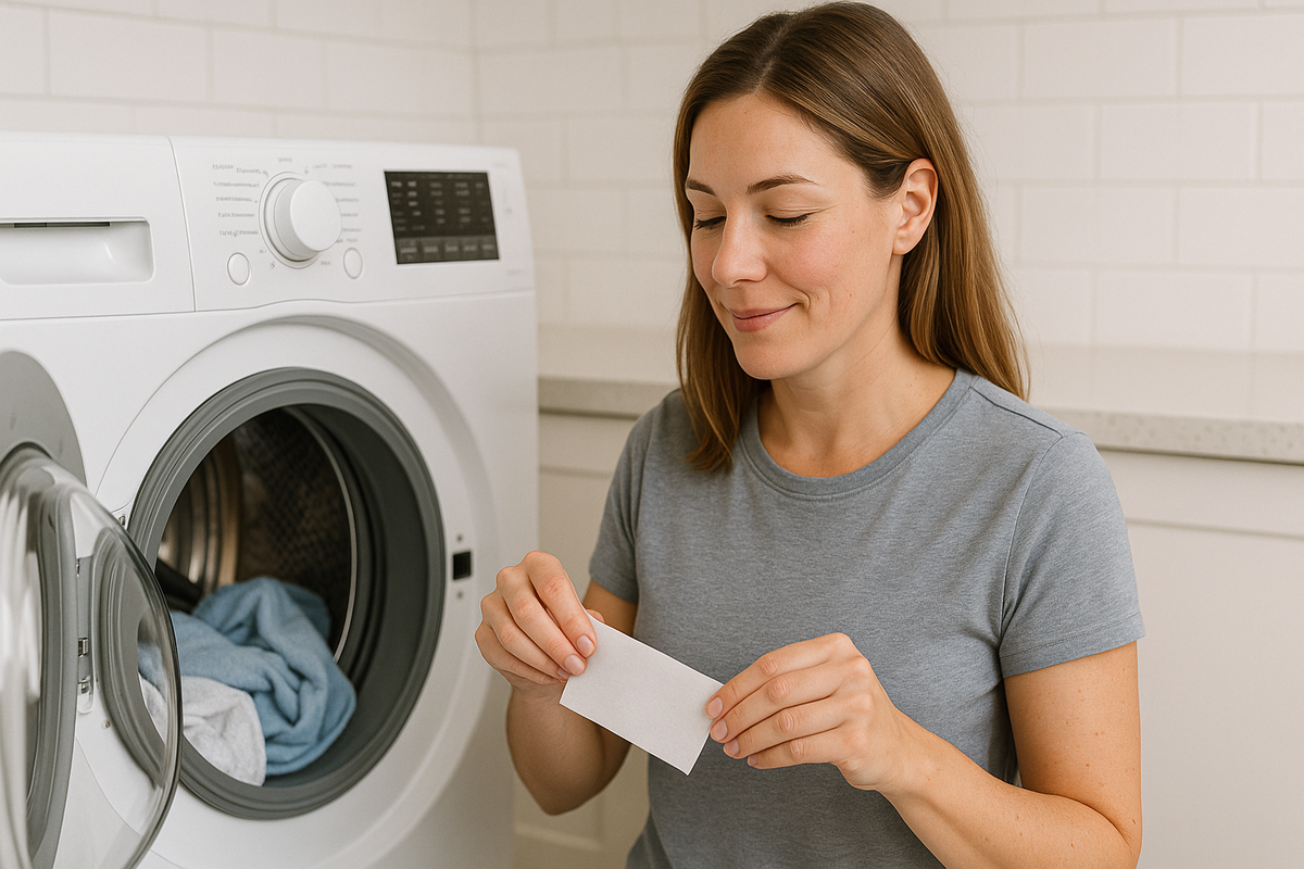 An image of a woman using dryer sheets In Washing Machine