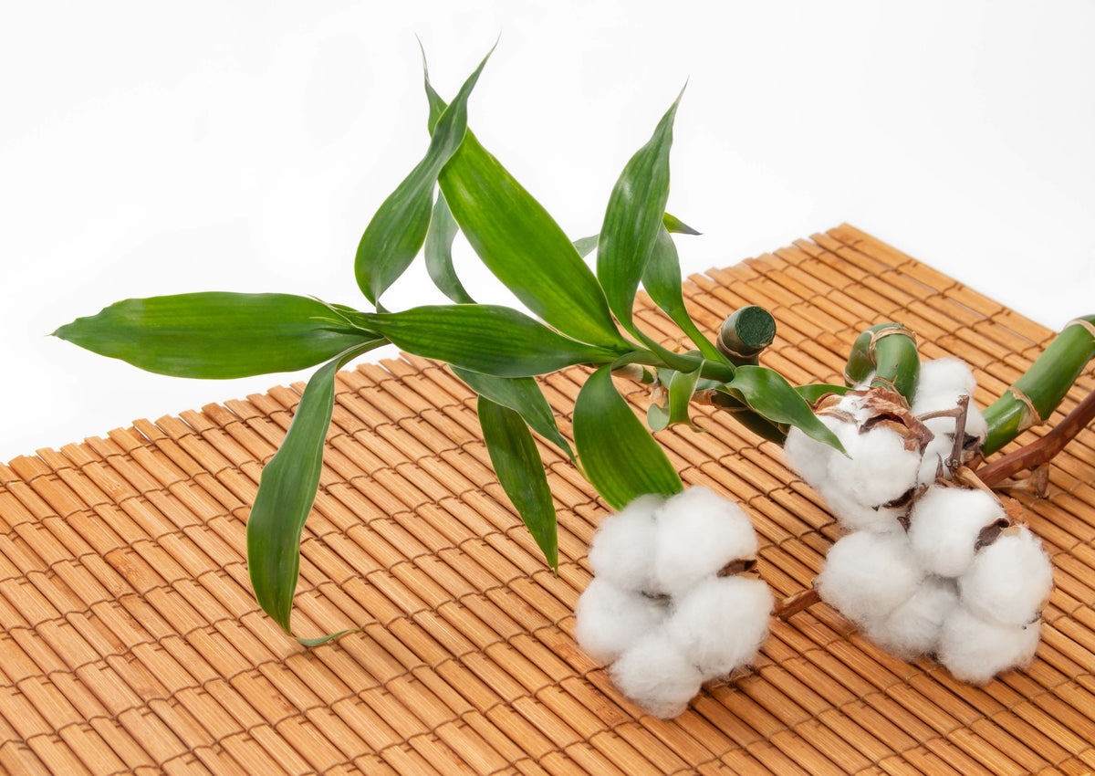Cotton bolls with green leaves placed on a bamboo mat.