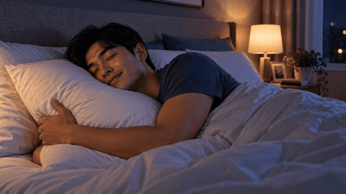 A man having a good sleep while hugging the pillow.