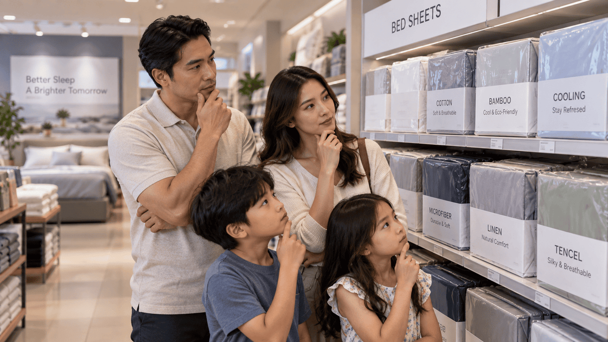 A family deciding which sheets to buy from the store.