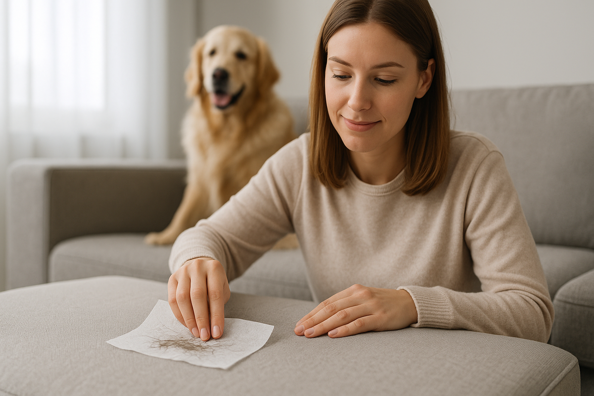 An image of a woman using dryer sheets to help clean up pet hair