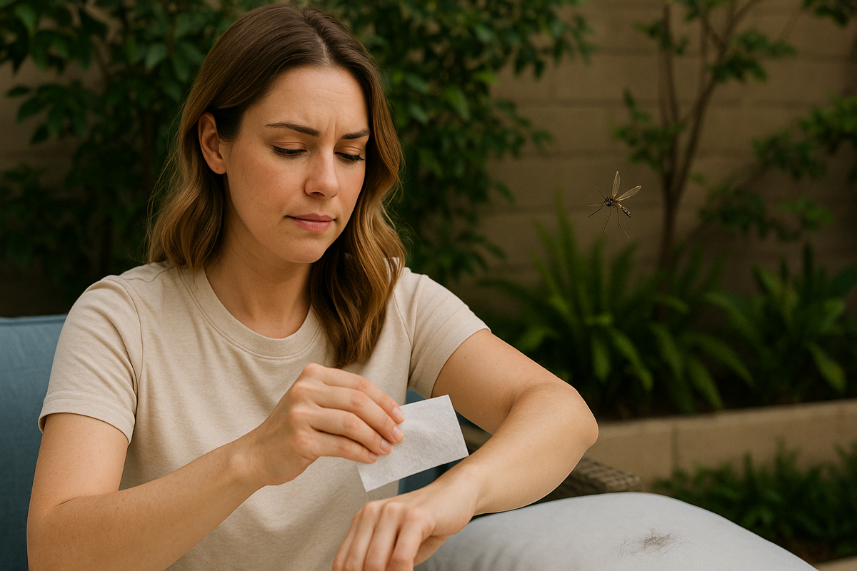 An image of a woman holding up a dryer sheet to try to keep mosquitos away