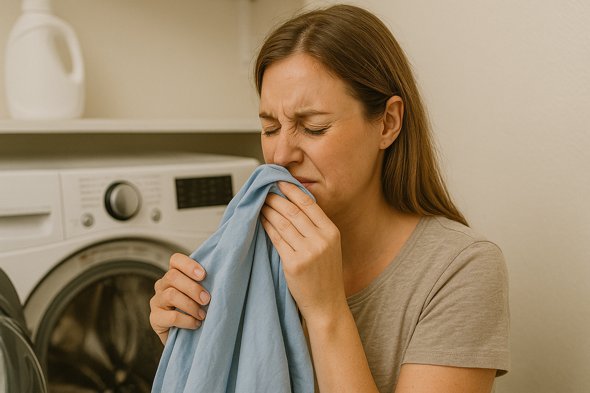 An image of a woman smelling cat pee on clothes 