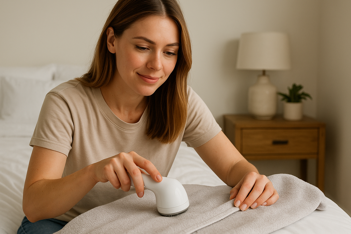 An image of a woman using a trimmer to stop towel shredding