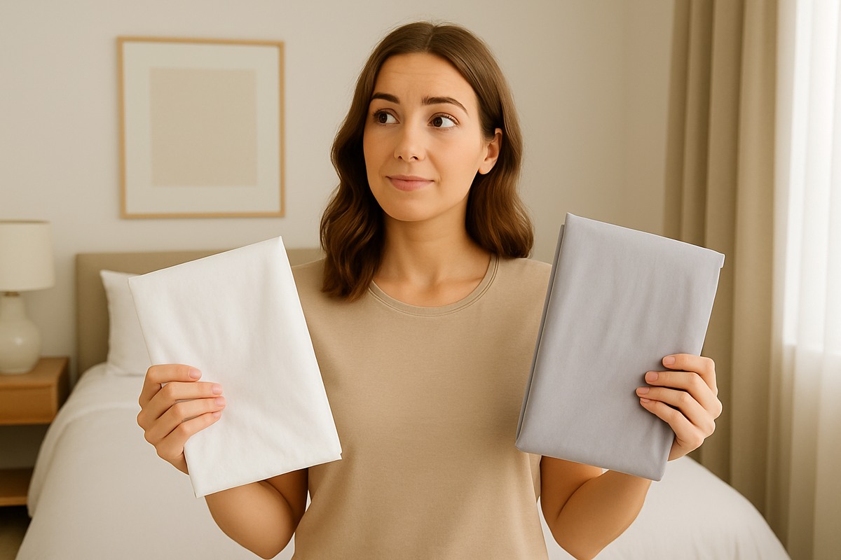 An image of a model holding up sheets wondering which one is best for allergies