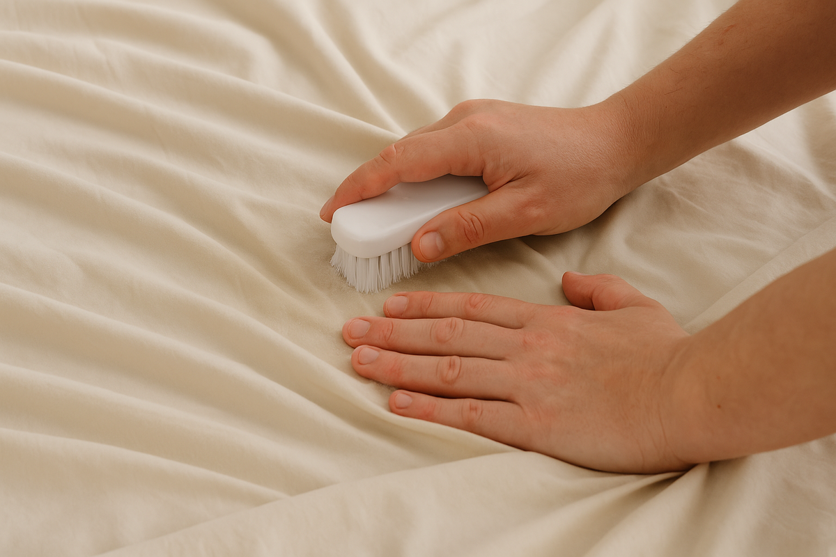 An image of a person washing sheets and getting body oils out of sheets