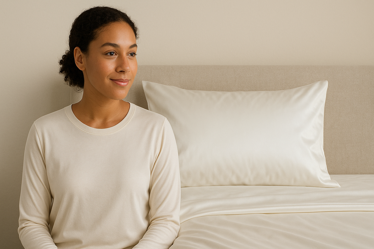 An image of a model sitting on her bed and enjoying her microfiber sheets