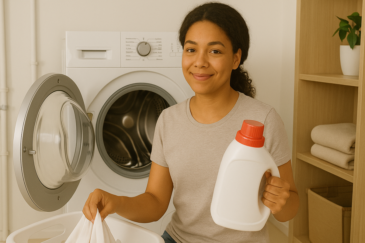 An image of a woman holding up laundry detergent