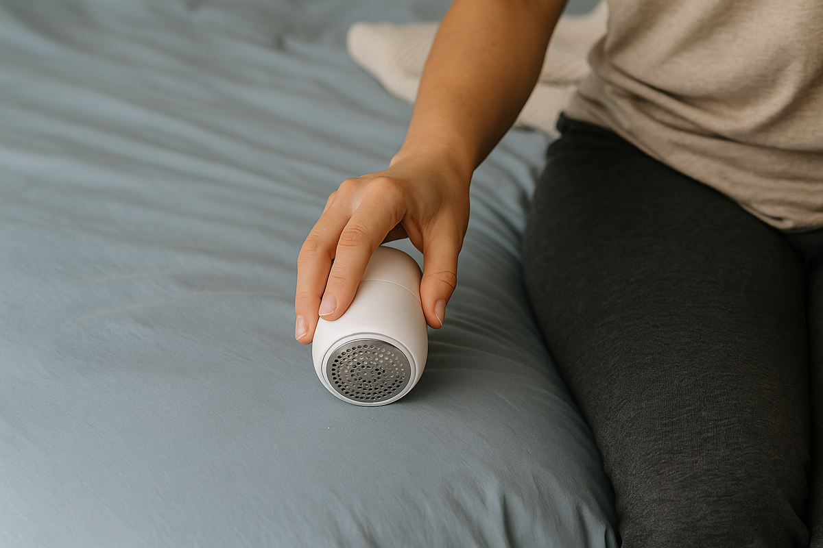 A person using a fabric shaver to get rid of piling 