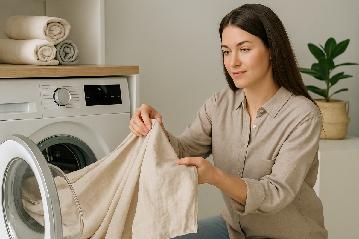 An image of a woman washing linen sheets