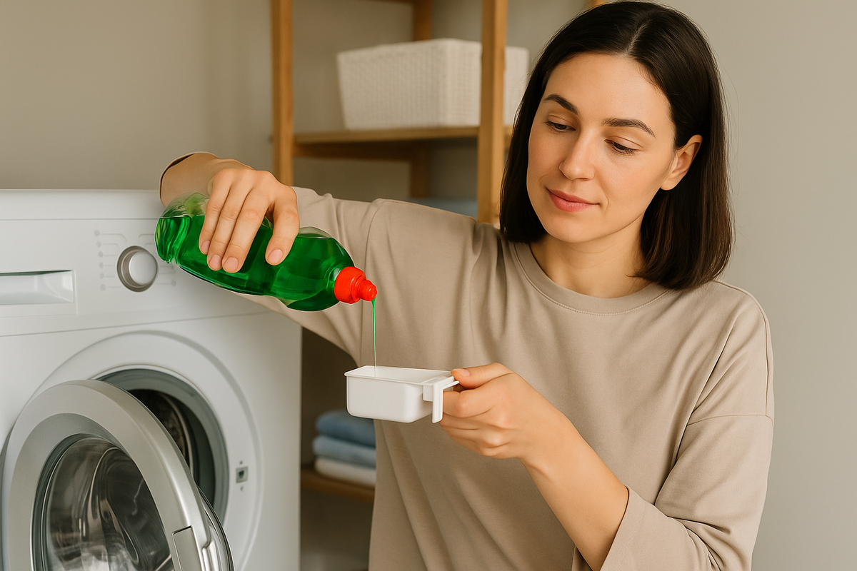 An image of a woman using dish soap as laundry detergent