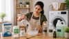 A woman mixing different substances to create a homemade detergent.