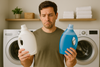 A man comparing two liquid detergent bottles.