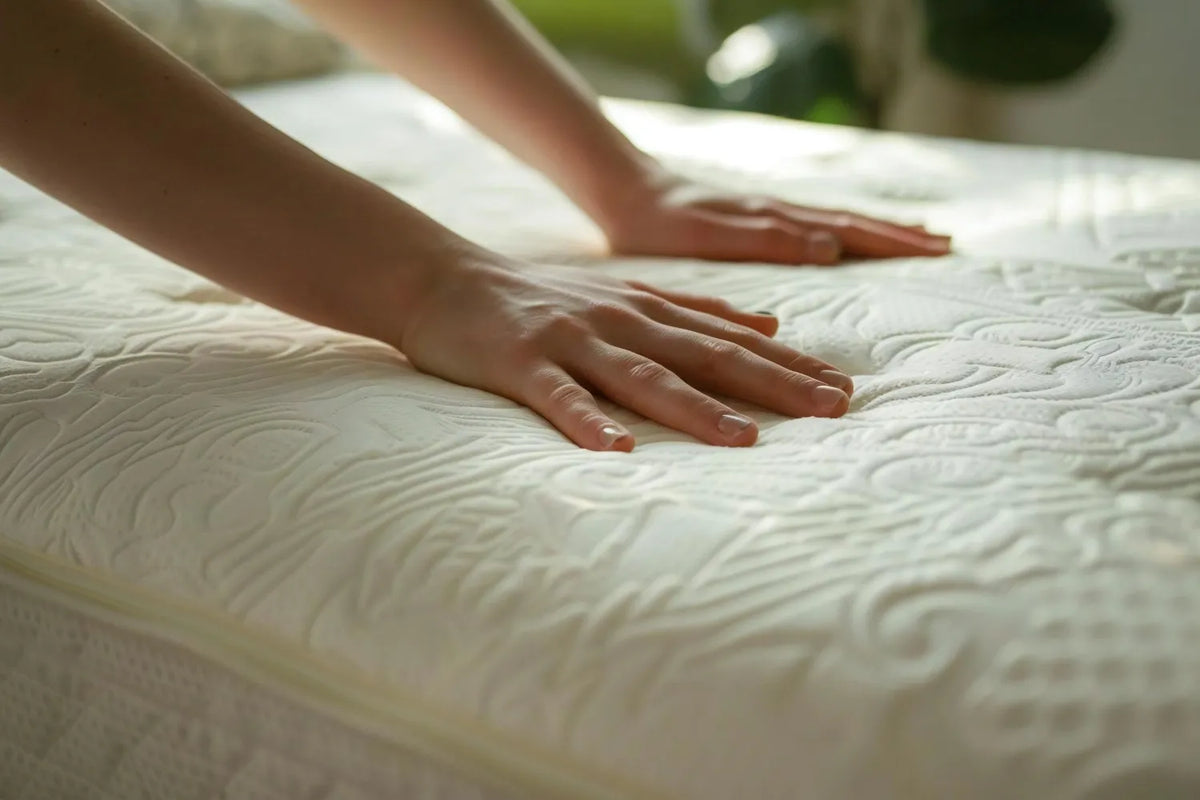 Hands pressing gently on a quilted mattress surface to test softness.