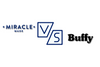 A comparison graphic featuring the brand logos for 'Miracle Made' and 'Buffy' separated by a large, stylized 'VS' in dark blue.