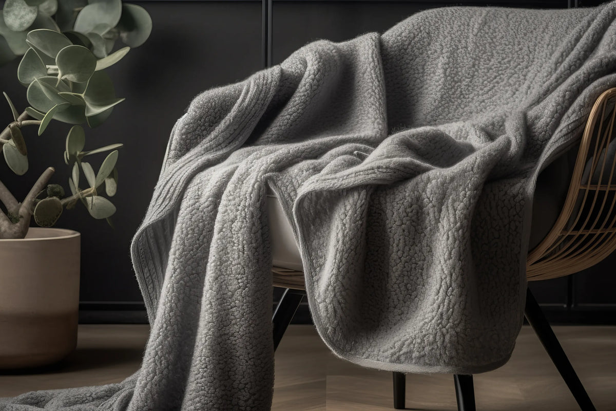 Soft gray blanket draped over a chair beside a potted plant in a cozy room.