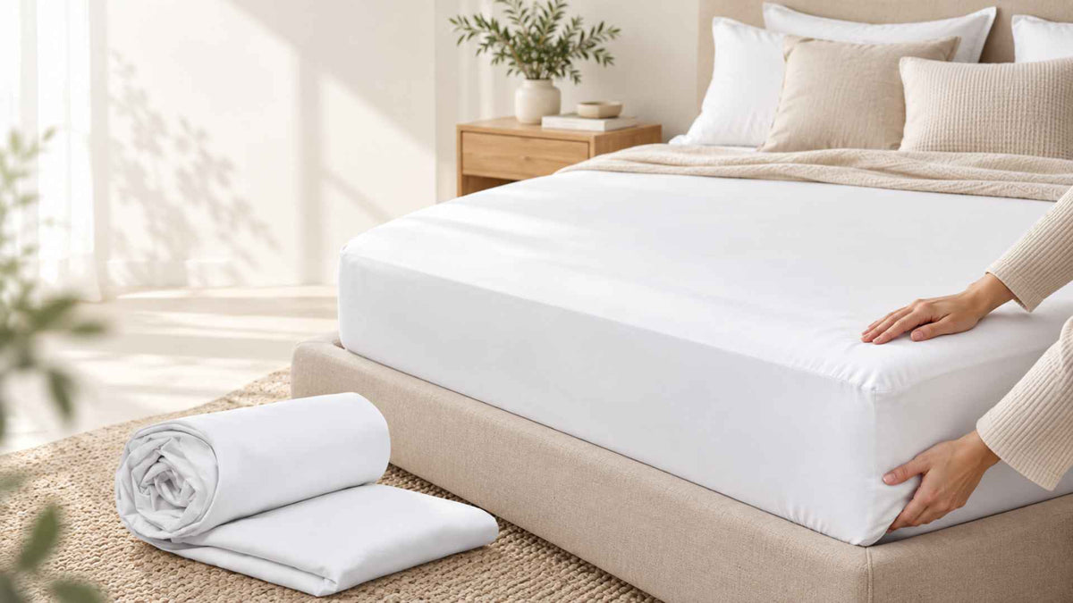 A woman putting a mattress protector on the bed.