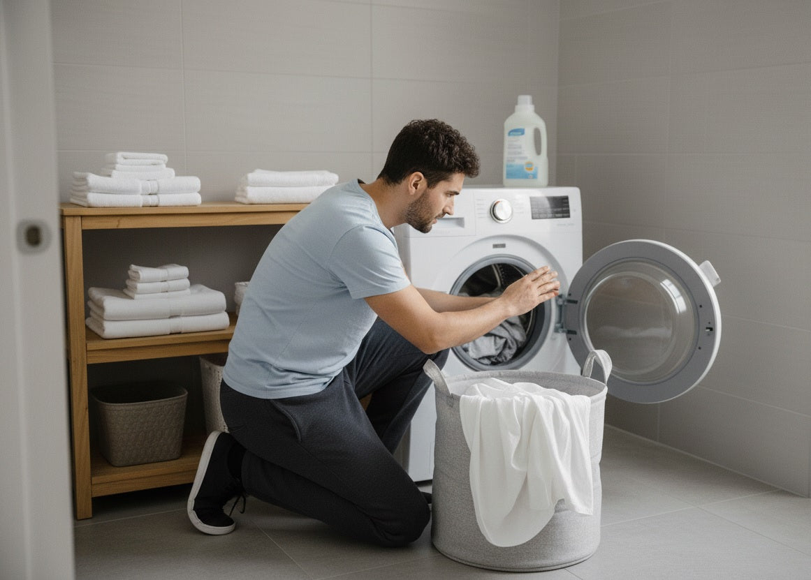 A man going to wash a sheet in the washing machine.
