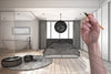 Bedroom interior design concept with modern bed and architectural sketch overlay