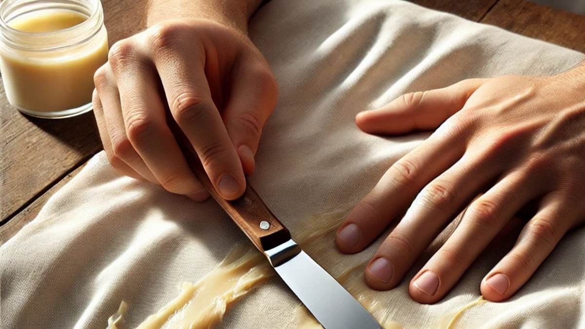 An image of a person scraping dried wax of clothing