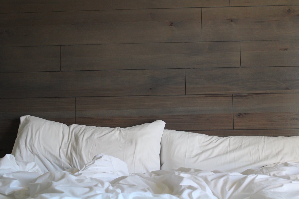 Two pillows against a wooden wall.