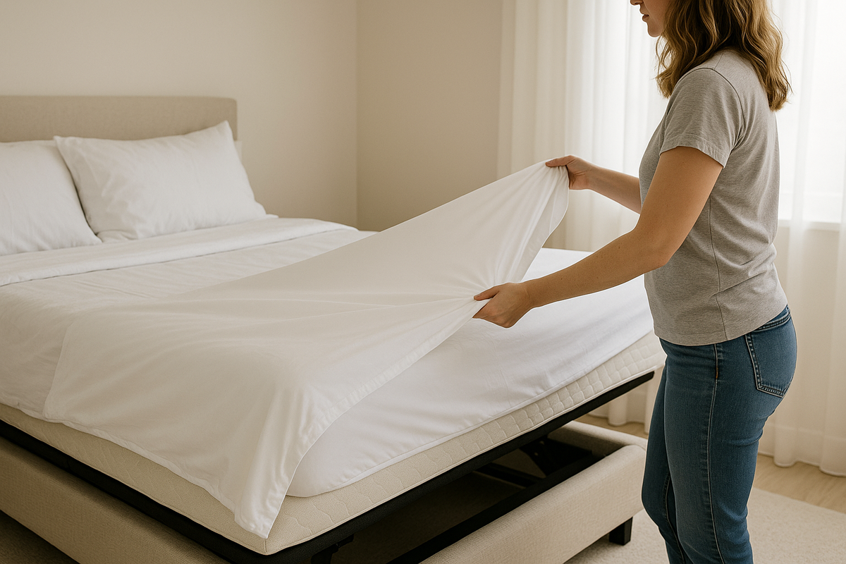 An image of a woman putting bedsheets on an adjustable bed
