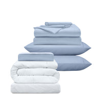 The Complete Sleep Bundle featuring cooling silver-treated sheets and a comforter set, perfect for a restful night.