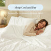 Woman sleeping in a bed with text 'Sleep Cool and Dry' and 'Designed for hot sleepers and warm nights'.