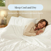Woman sleeping in a bed with text 'Sleep Cool and Dry' and 'Designed for hot sleepers and warm nights'.