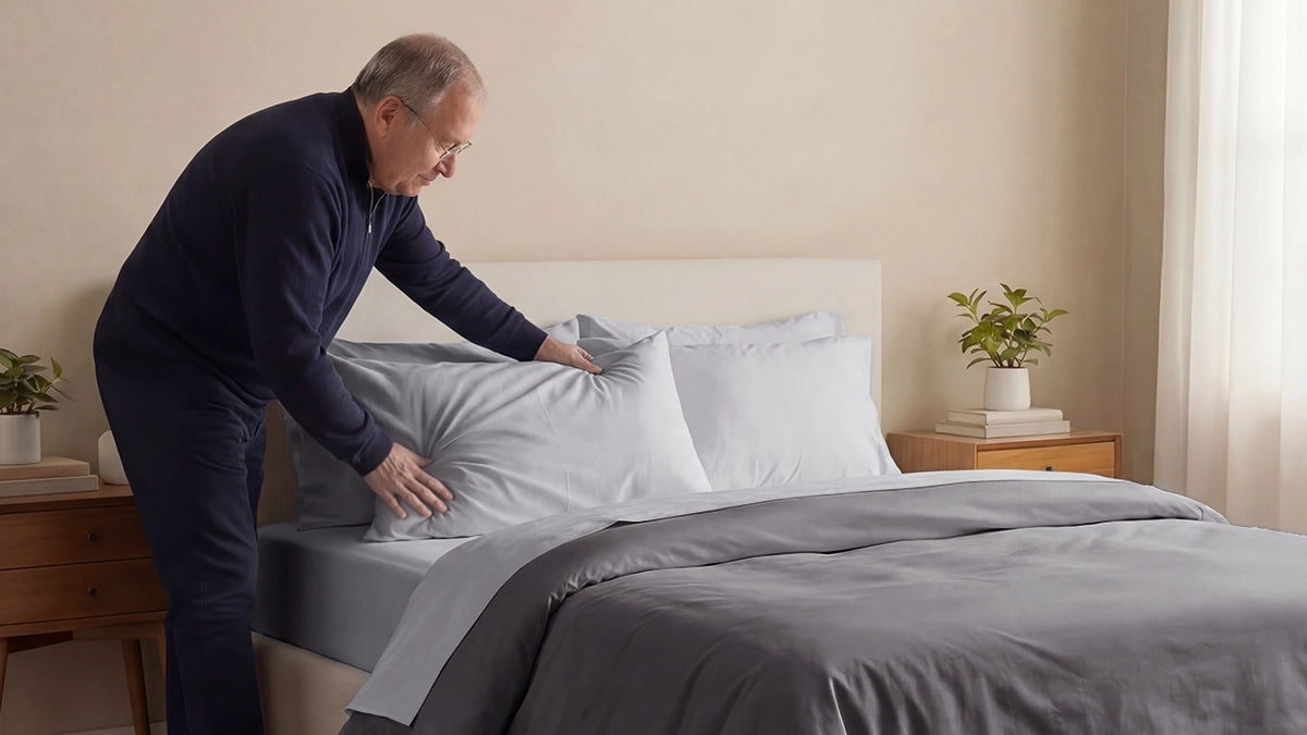 Man making a bed with gray bedding in a bedroom setting.