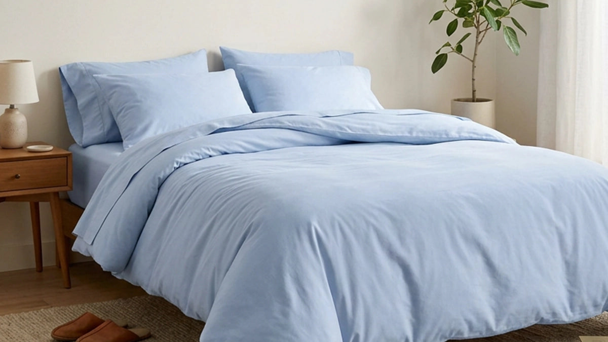 Light blue bedding set on a bed in a bedroom with a side table and plant.