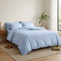 Light blue bedding set on a bed in a well-lit bedroom with a plant and side table.