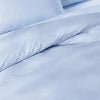 Close-up of light blue comforter with folds