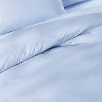 Close-up of light blue comforter with folds