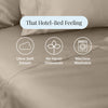 Beige bed sheets with features labeled 'Ultra-Soft Sateen', 'No Harsh Chemicals', and 'Machine Washable' on a light blue background.