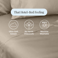 Beige bed sheets with features labeled 'Ultra-Soft Sateen', 'No Harsh Chemicals', and 'Machine Washable' on a light blue background.