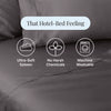 Gray bedding set with icons and text highlighting features like ultra-soft sateen, no harsh chemicals, and machine washable.